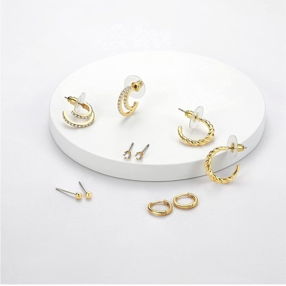 Gold 14k Gold Plated CZ Hoop Stud 5 pairs Earring Set - Picture 3 of 3